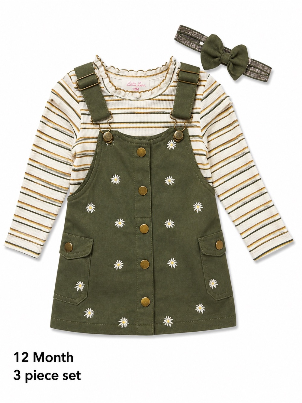 Little Lass Olive Green Daisy Pinafore Set with Striped Tee & Bow